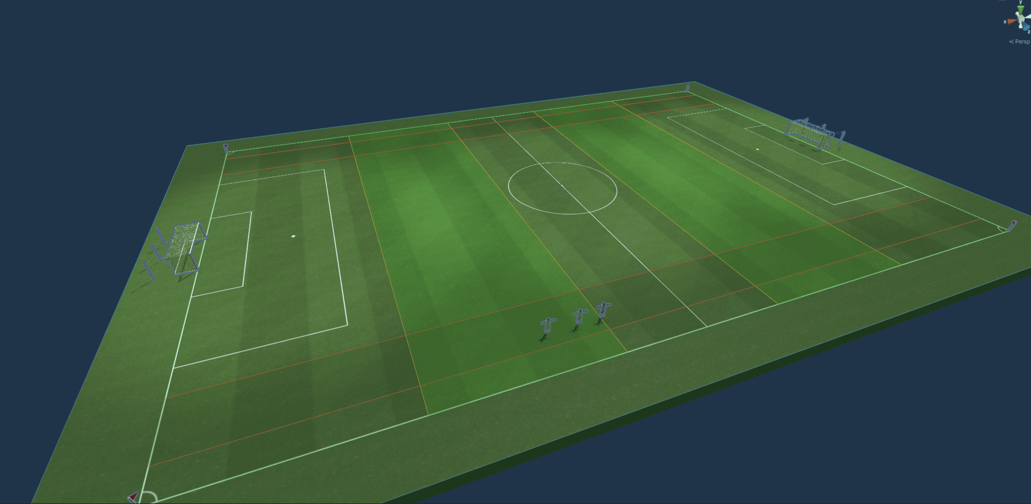 Football pitch shader system showing art-directed grass, field lines, and branded surface treatment